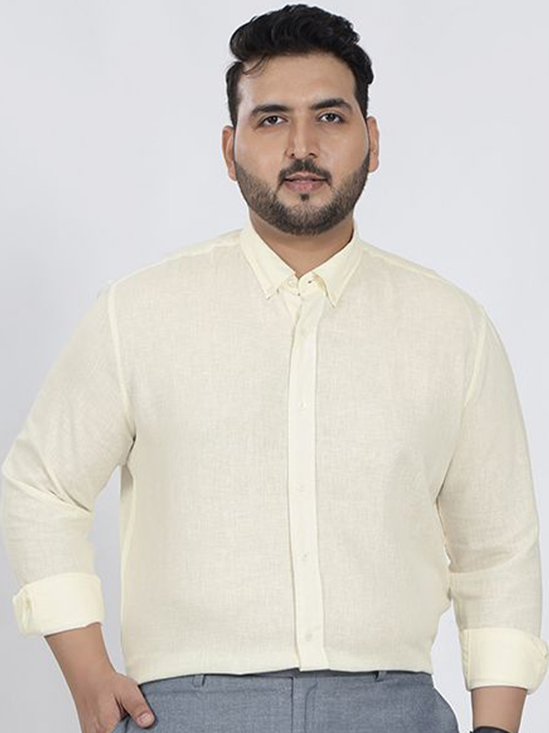 Snitch Men Light Yellow Solid Plus Size Shirt