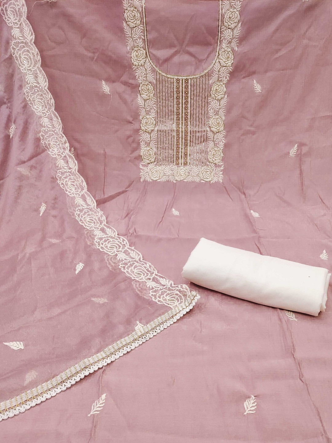 KALINI Cotton Blend Pink Embroidered Dress Material