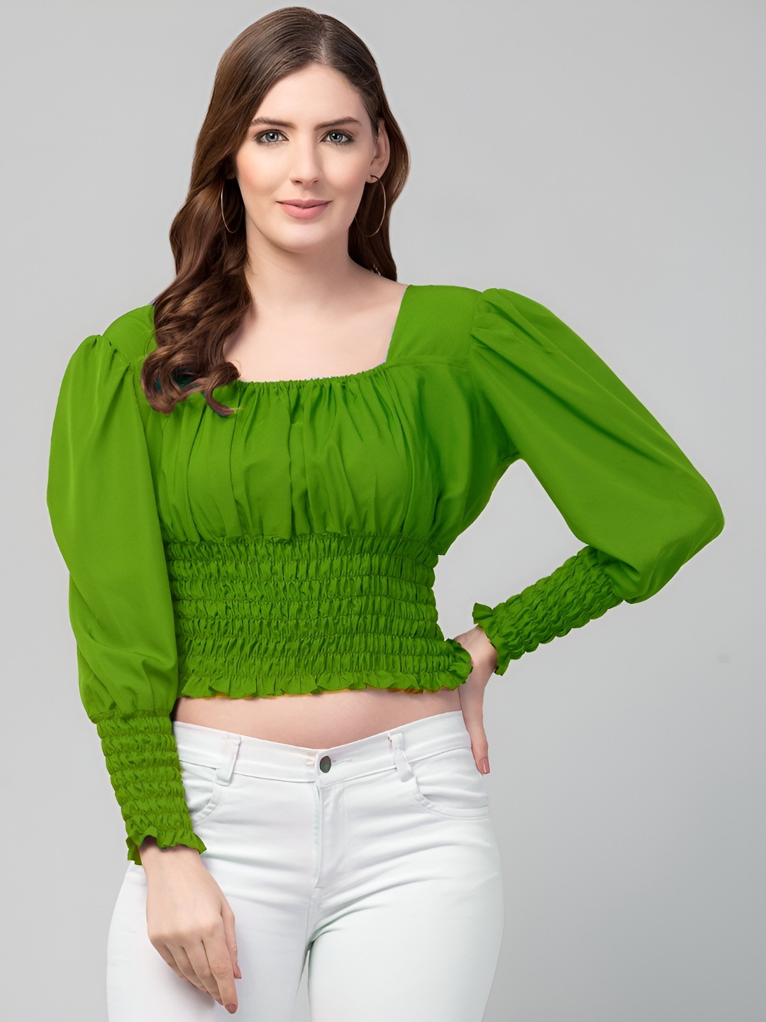 fuprecious Smocked Puff Sleeve Crepe Fitted Crop Top
