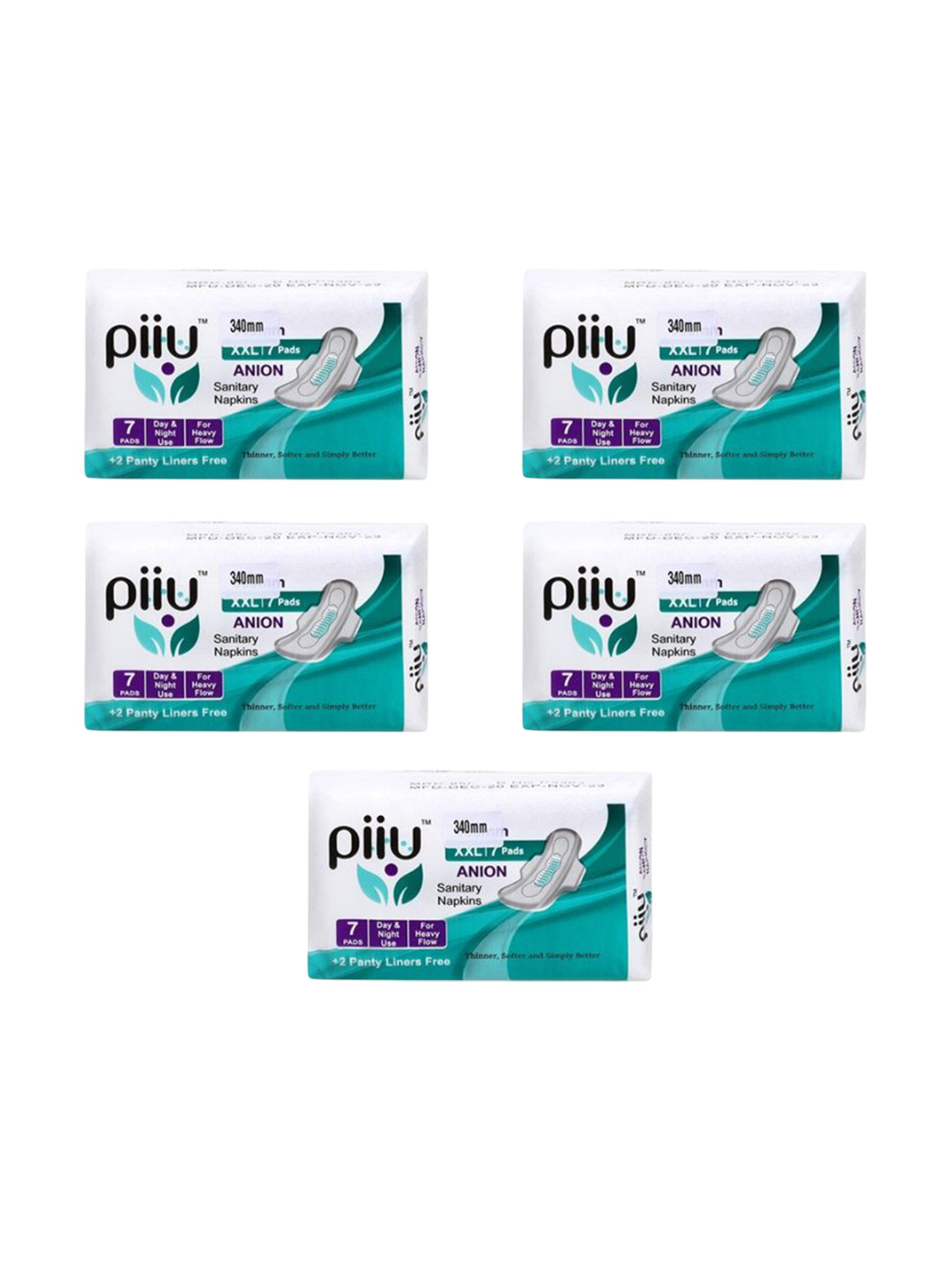 PIIU Set Of 5 Cottony Soft Rash Free Ultra-Thin Anion Sanitary Pads- XXL- 7 Pads Each