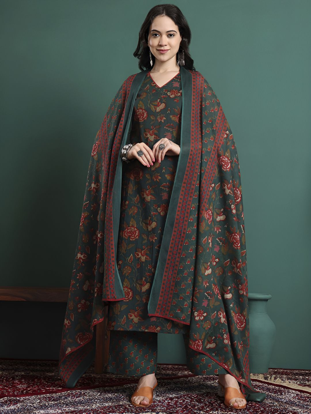 NYPA Women Floral Printed Regular Pure Cotton Kurta with Trousers & Dupatta Kurta Sets