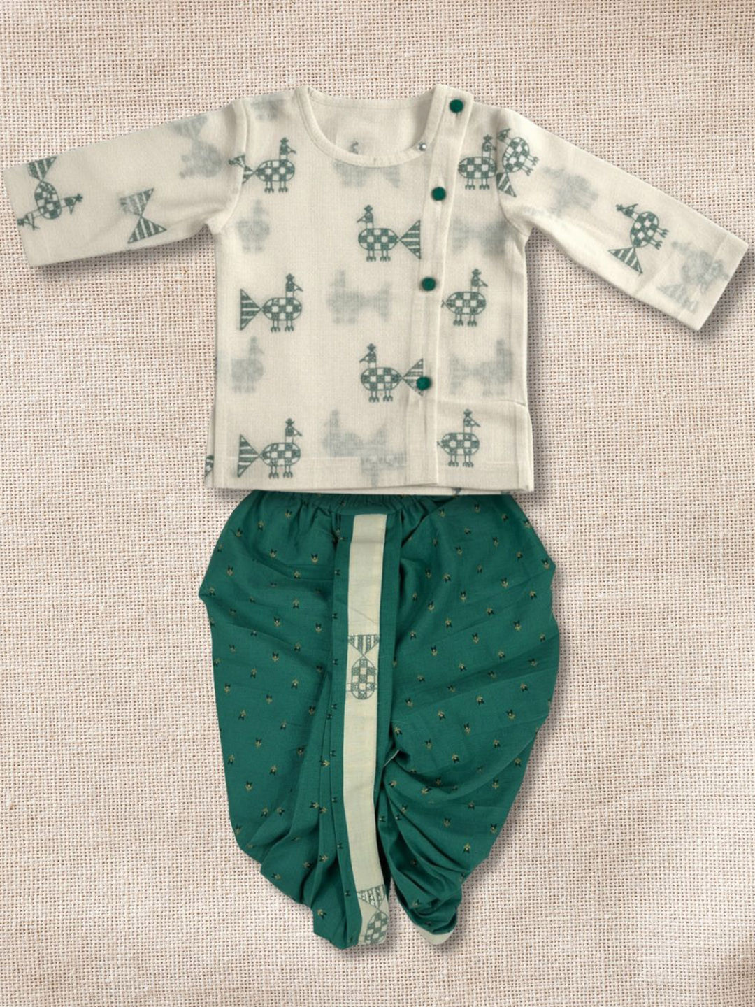 EARTHY TWEENS Kids Peacock Joy Embroidered Thread Work Pure Cotton Kurta With Dhoti Pants
