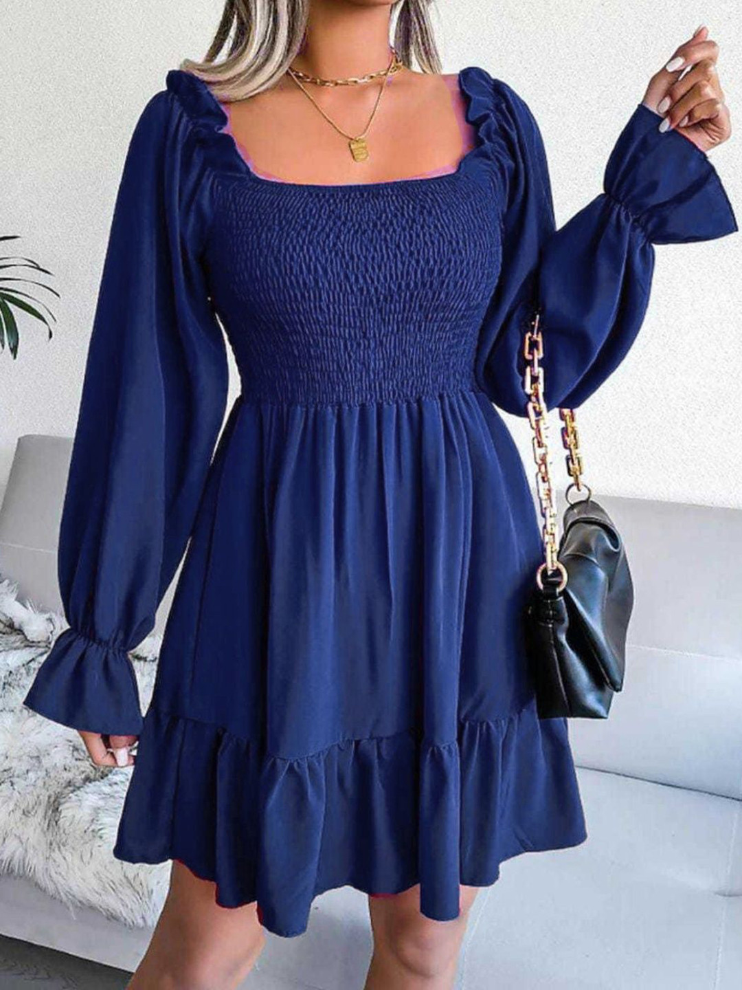 a-asiya enterprises Women Solid Smocked Tiered Crepe Fit & Flare Mini Dress