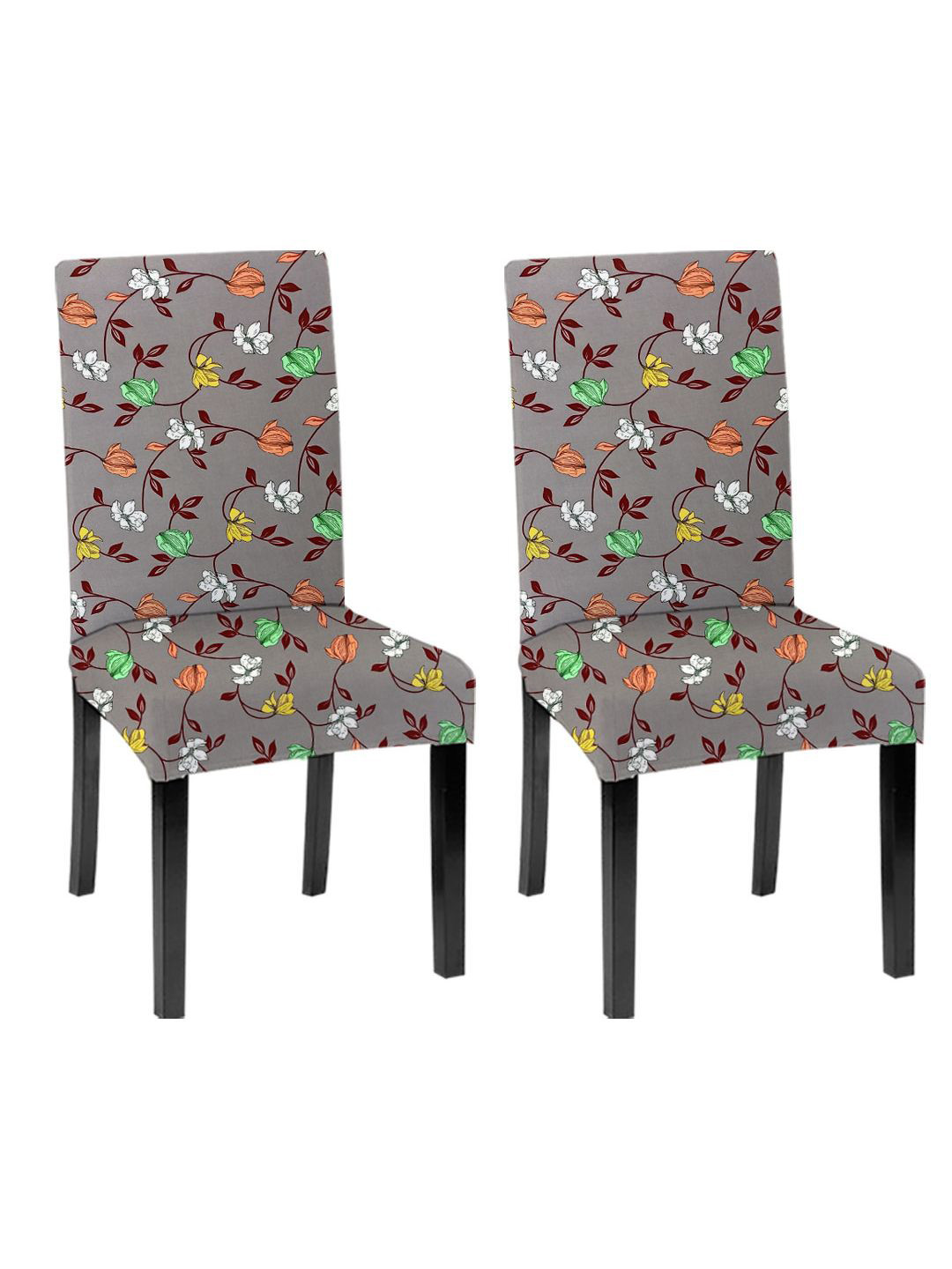 Lazi 200 GSM 2 Pieces Grey & Brown Printed Stretchable Dining Chair Covers