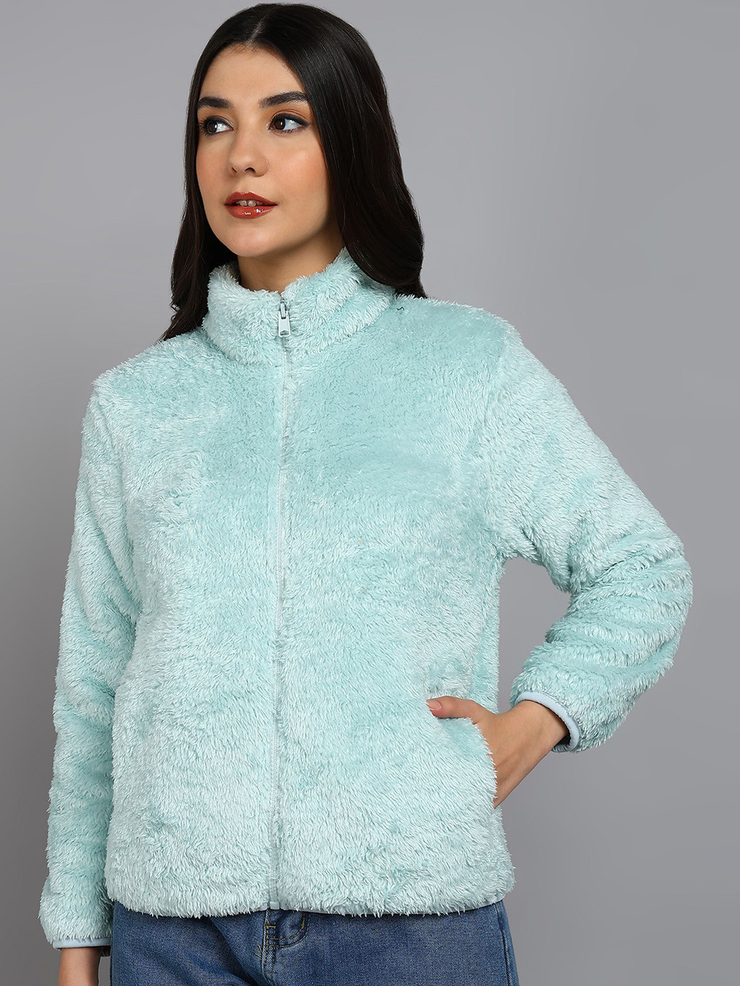 Alan Jones Women Fluffy Yarn Fleece Full-Zip Jacket