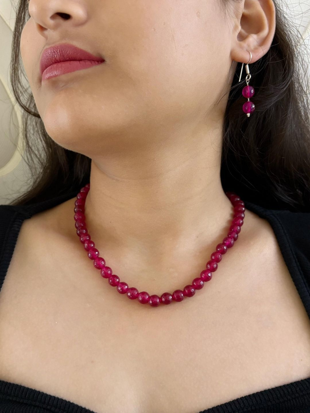 Gehna By Beadazzled Silver-Plated Red Jade Beads Necklace With Earrings