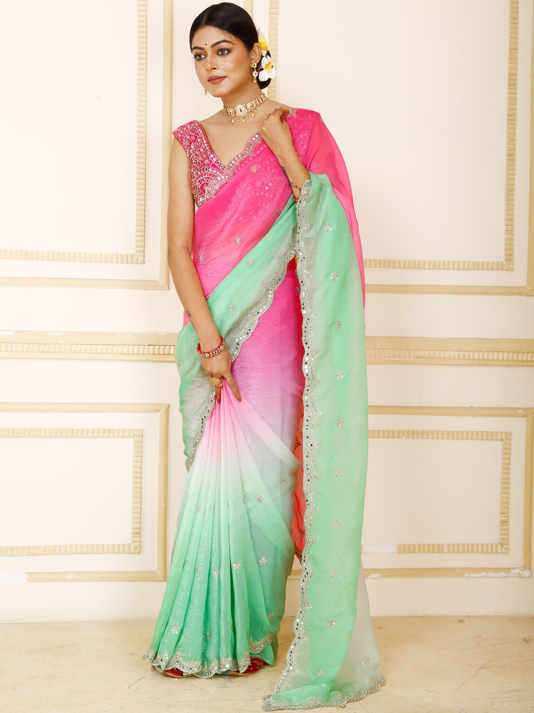 Anouk Women Pink & Green Floral Embroidery Tissue Silk Saree