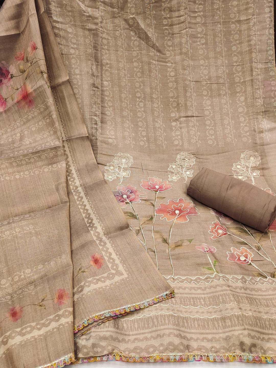 KALINI Cotton Blend Grey Embroidered Dress Material