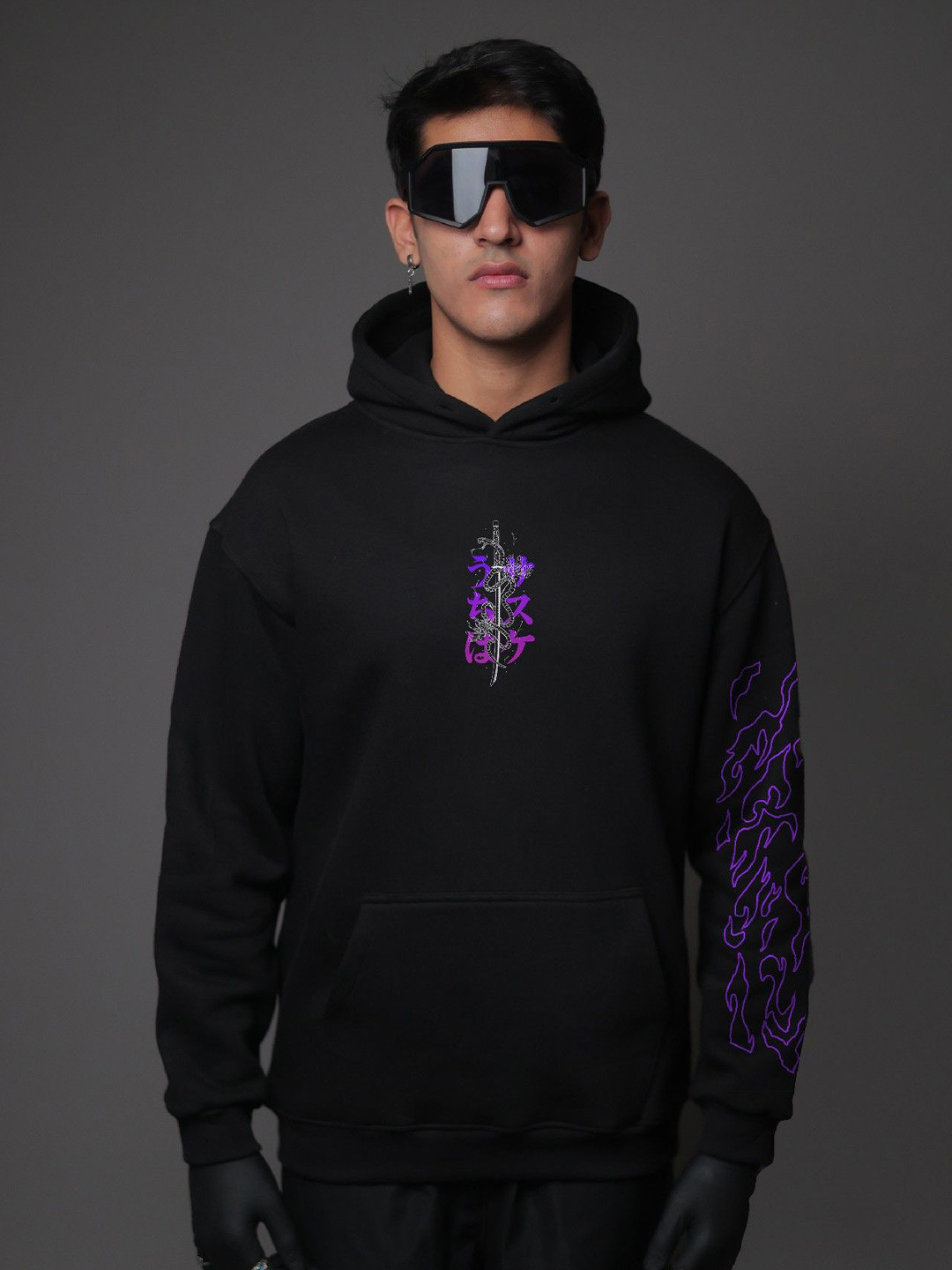 WHITE HUSK Sasuke Anime Printed Cotton Oversized Hoodie