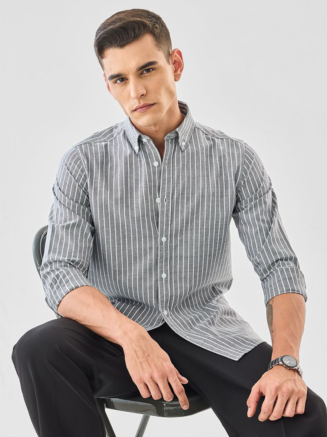 Snitch Men Grey Striped Shirt