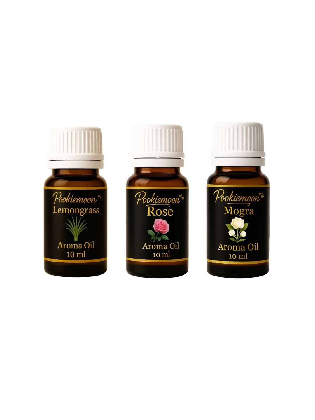 POOKIEMOON Set Of 3 Lemongrass Rose And Mogra Essential Oils- 10 Ml Each