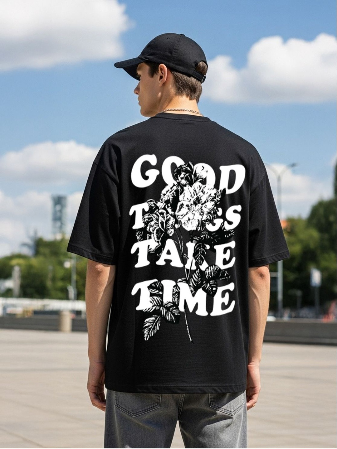 SZN Men Black Color Half Sleeve Round Neck Oversized T-shirt