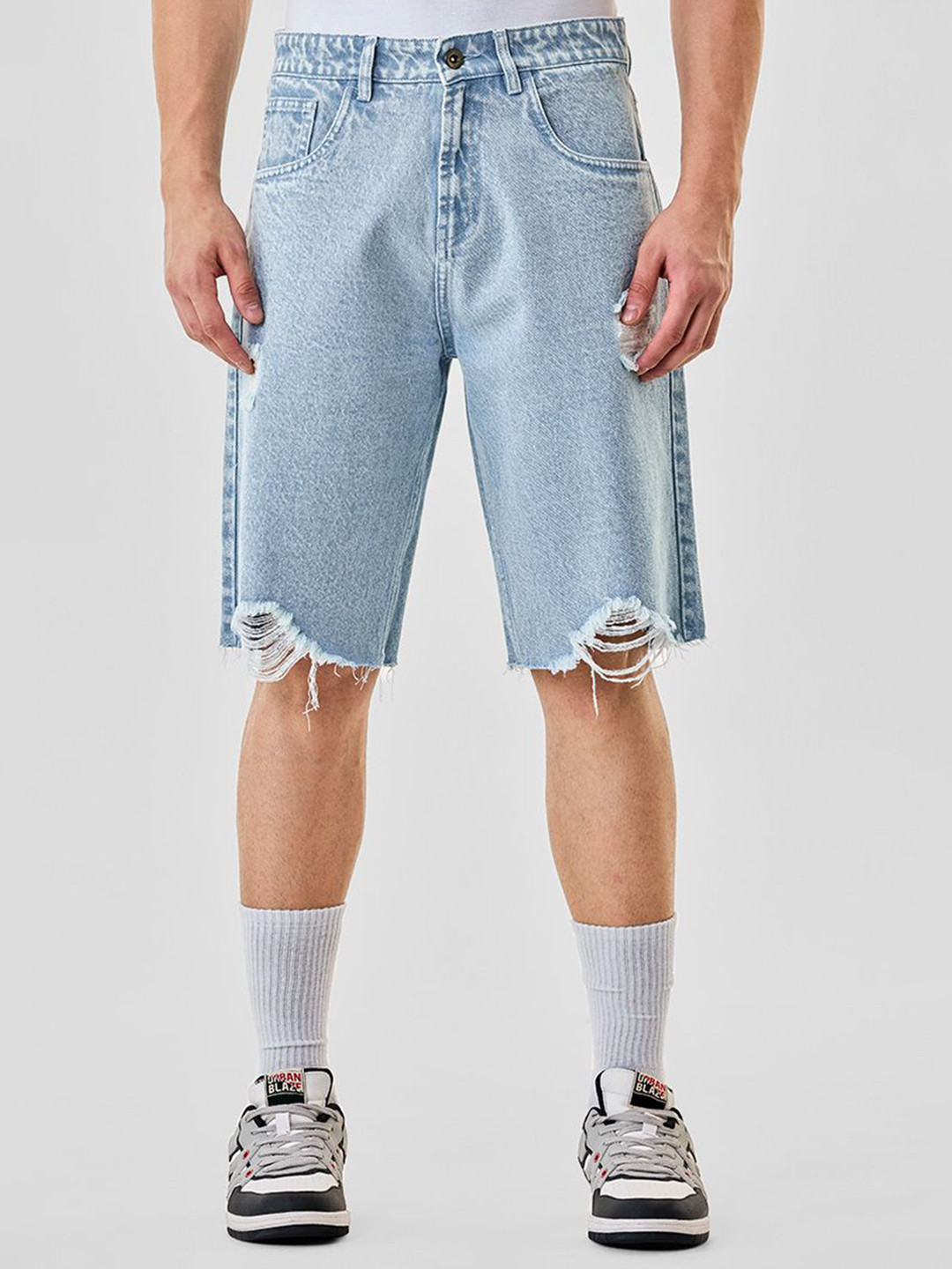 Snitch Men Blue Mid Rise Baggy Fit Washed Distressed Denim Shorts