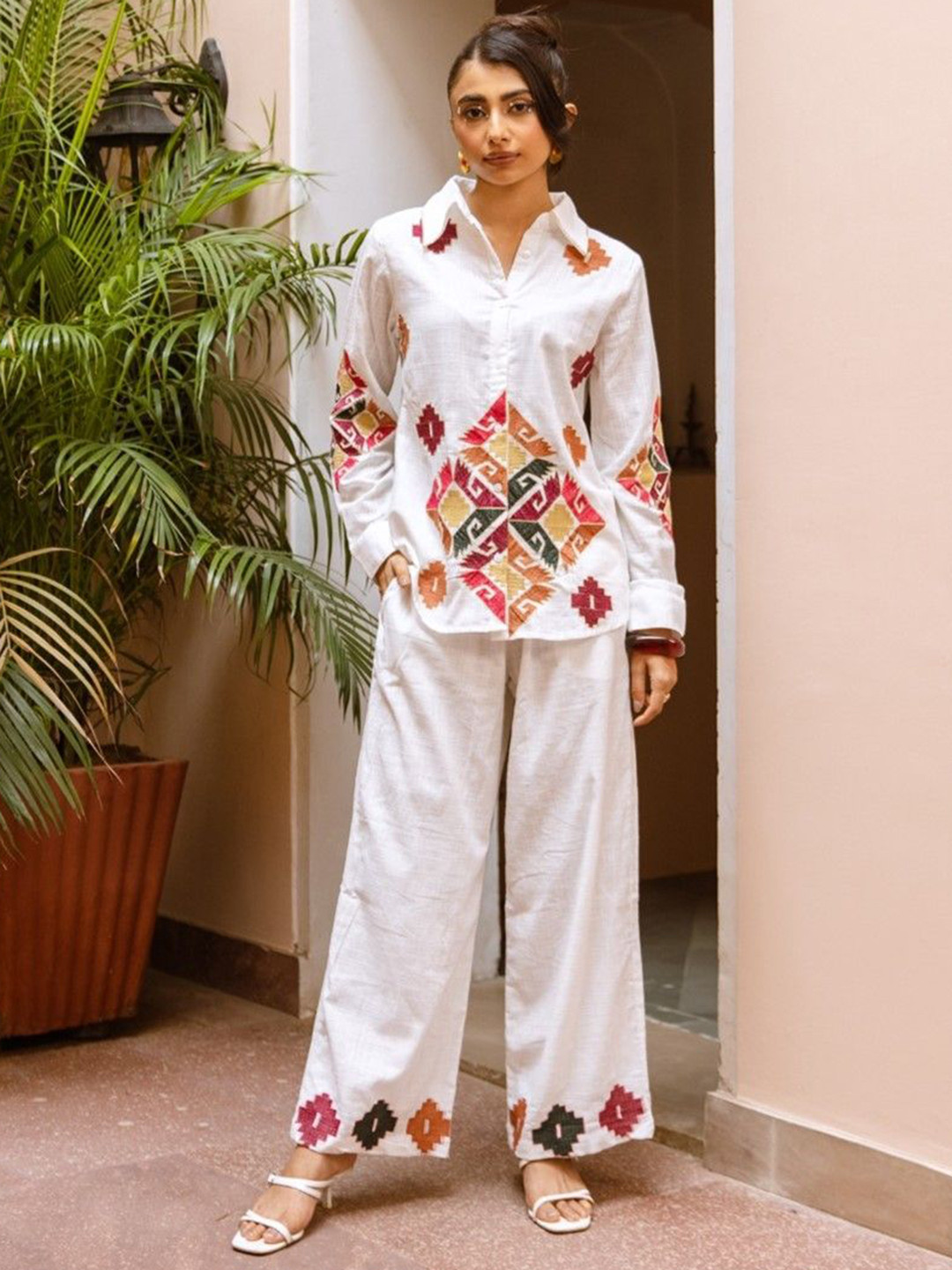 AUTUMN LANE Viva chalk Embroidered Pure Cotton Shirt With Trousers Co-Ords
