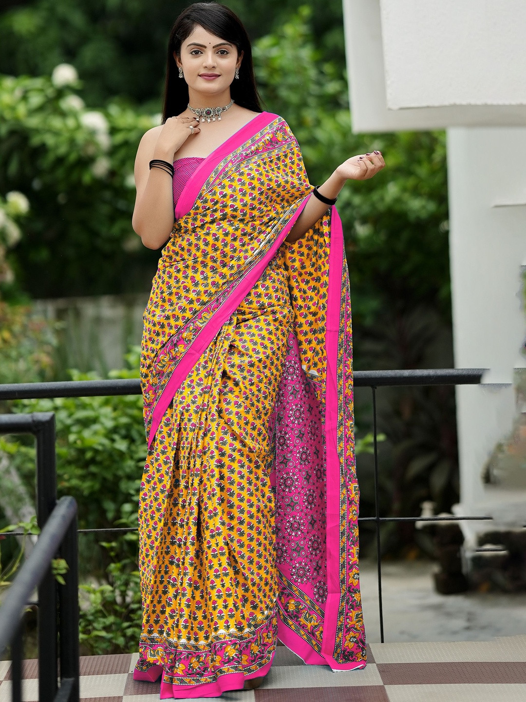 Anouk Yellow & Pink Batik Pure Cotton Saree