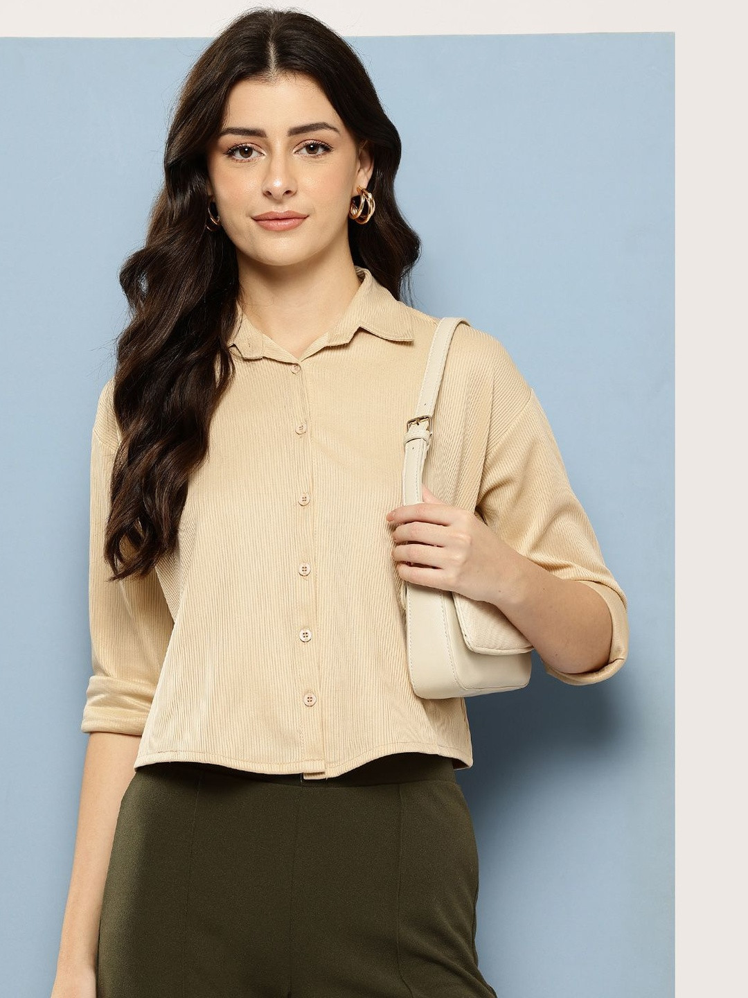 CORSICA Women Beige Fawn Solid Cotton Nylon Casual Shirt