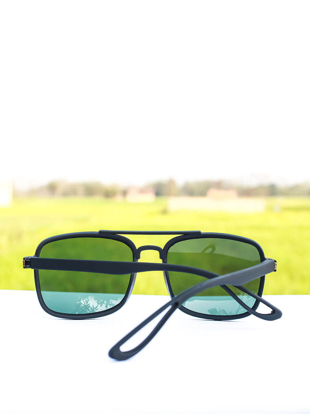 Jiebo Men Green Lens & Black Square Sunglasses with