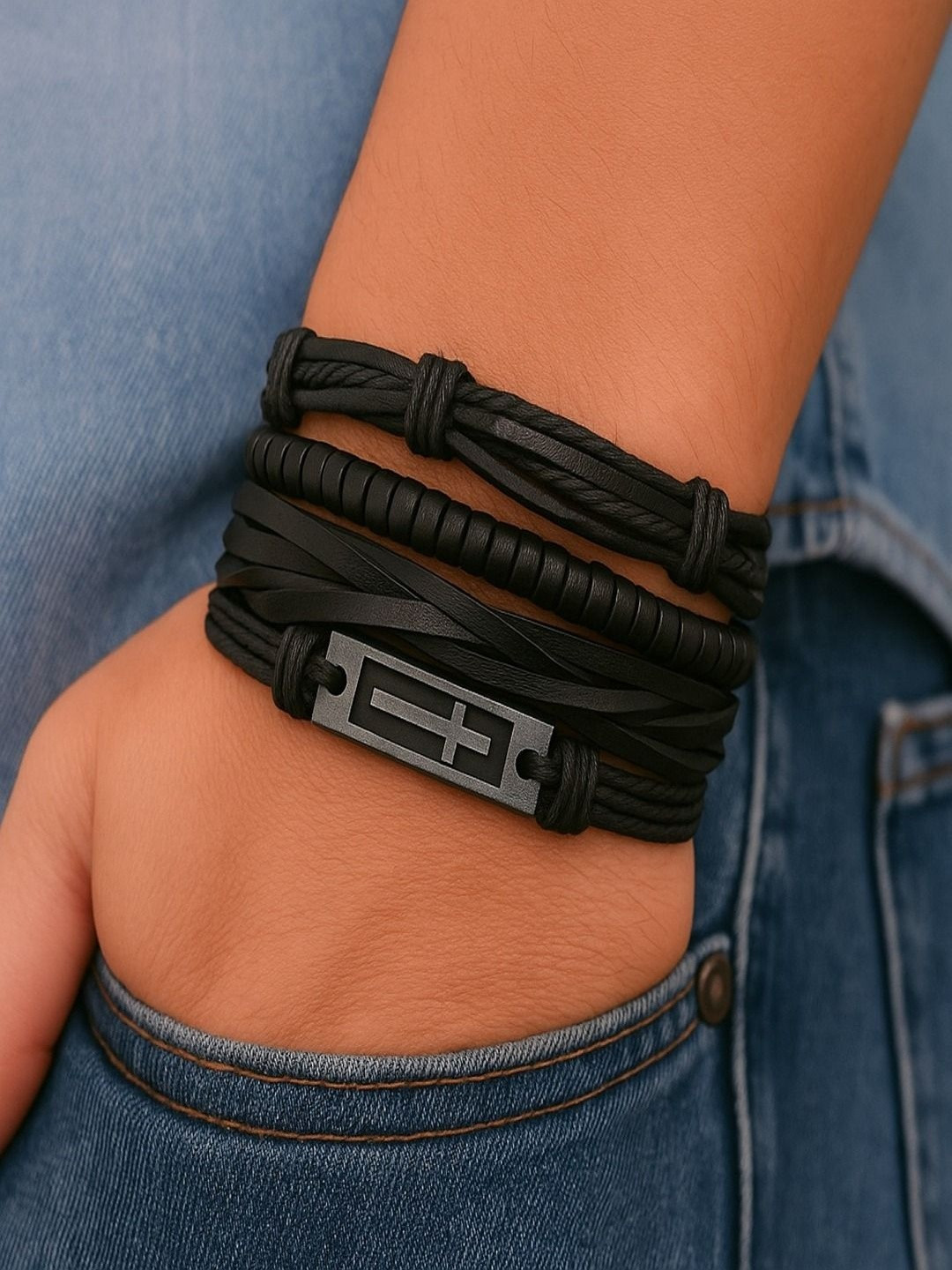 Jewelgenics Men Cross Wristband Leather Bracelet