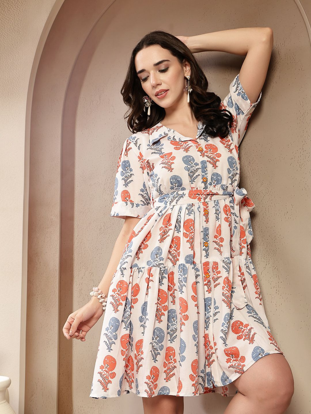 Stylum Women Ethnic Motifs Printed Shirt Collar Gathered or Pleated Fit & Flare Dress
