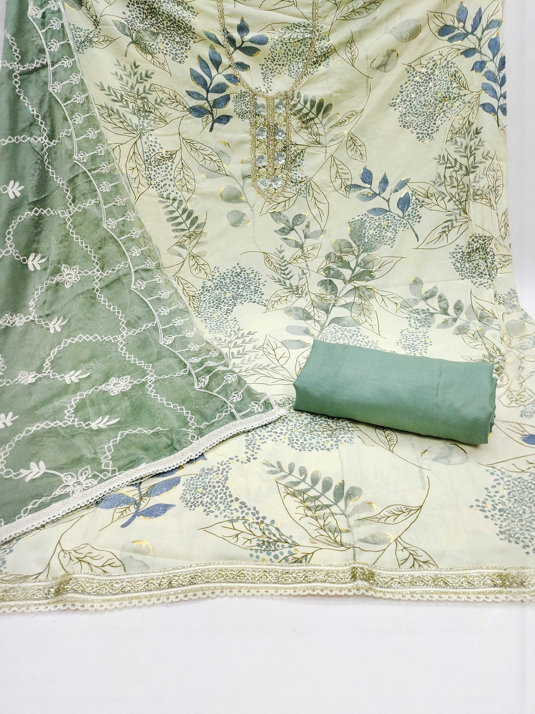 KALINI Cotton Blend Multi Embellished Dress Material