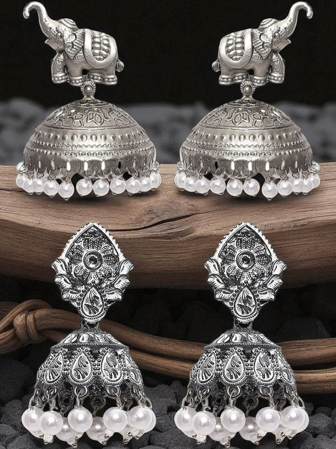 OOMPH Set Of 2 Animal Shaped Oxidised Jhumkas Earrings