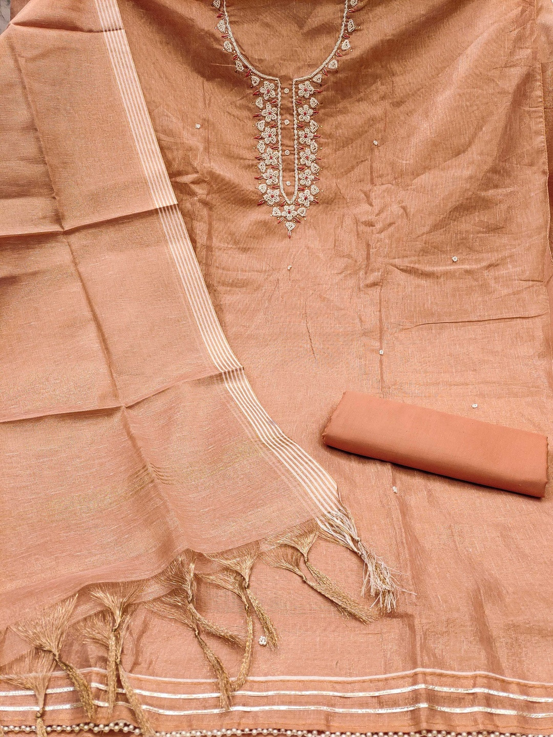 KALINI Cotton Blend Peach Embellished Dress Material