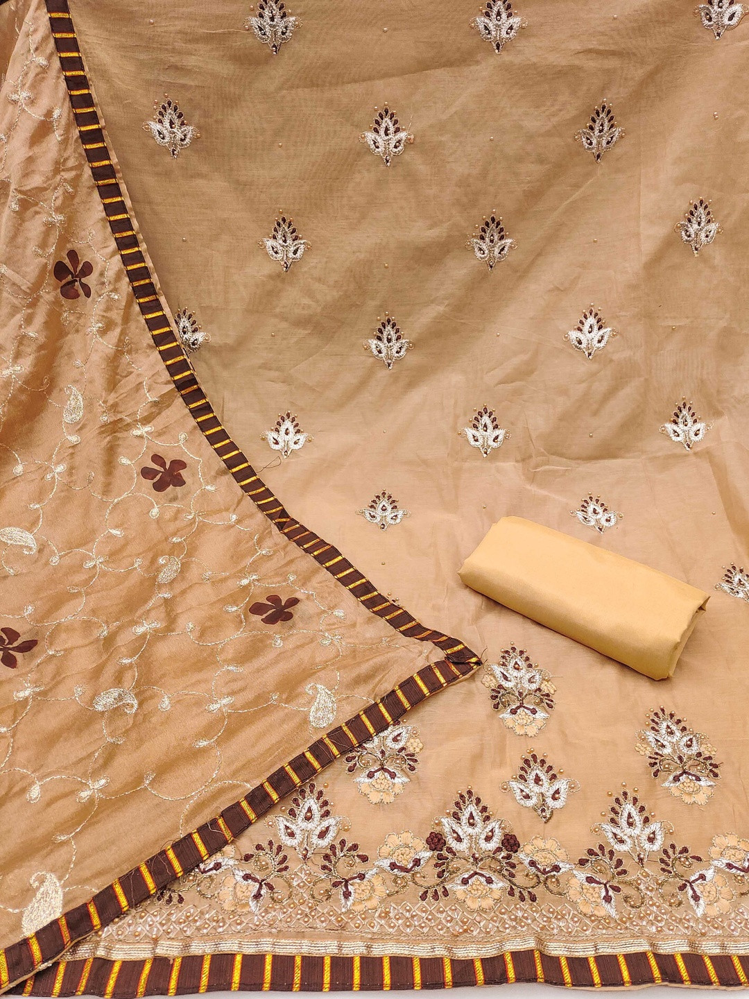 KALINI Women Beige Fandy Silk Sequence Embroidered Unstitched Dress Material