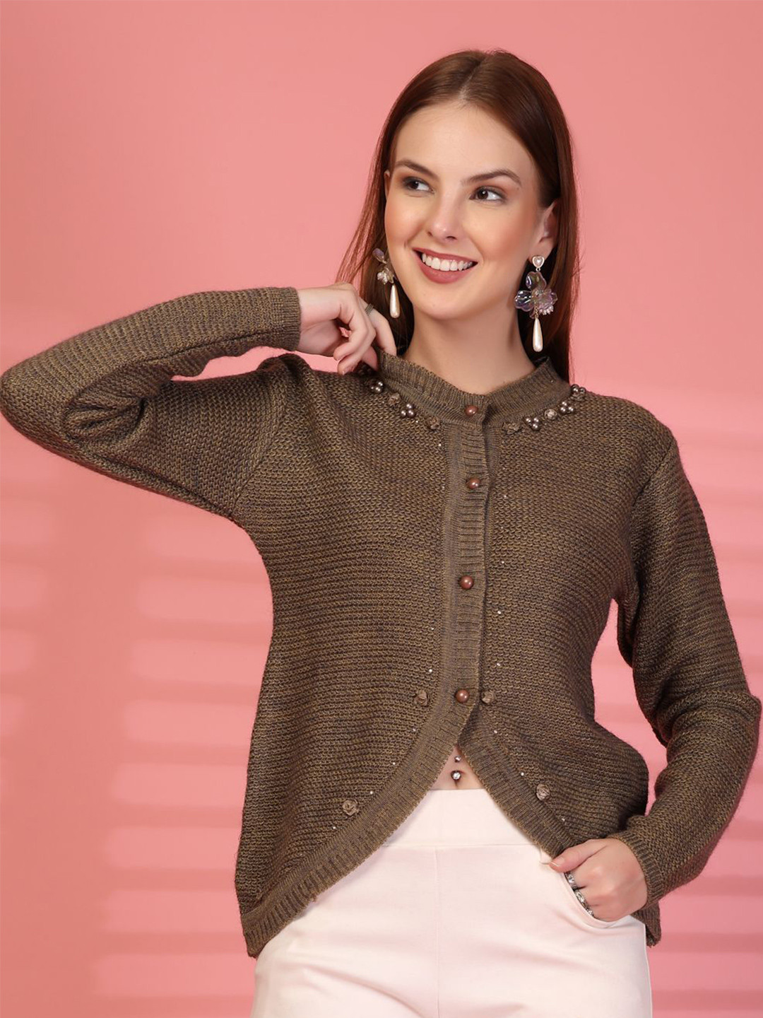 Clora Creation Women Embroidered Button-Down Woollen Cardigan with Embellished Detail