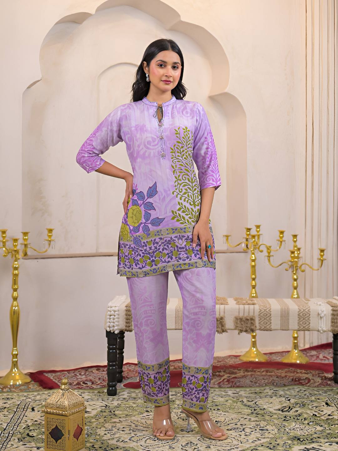 AUTUMN LANE Women Shanti Lavender Printed Mandarin Collar Co-ord Set