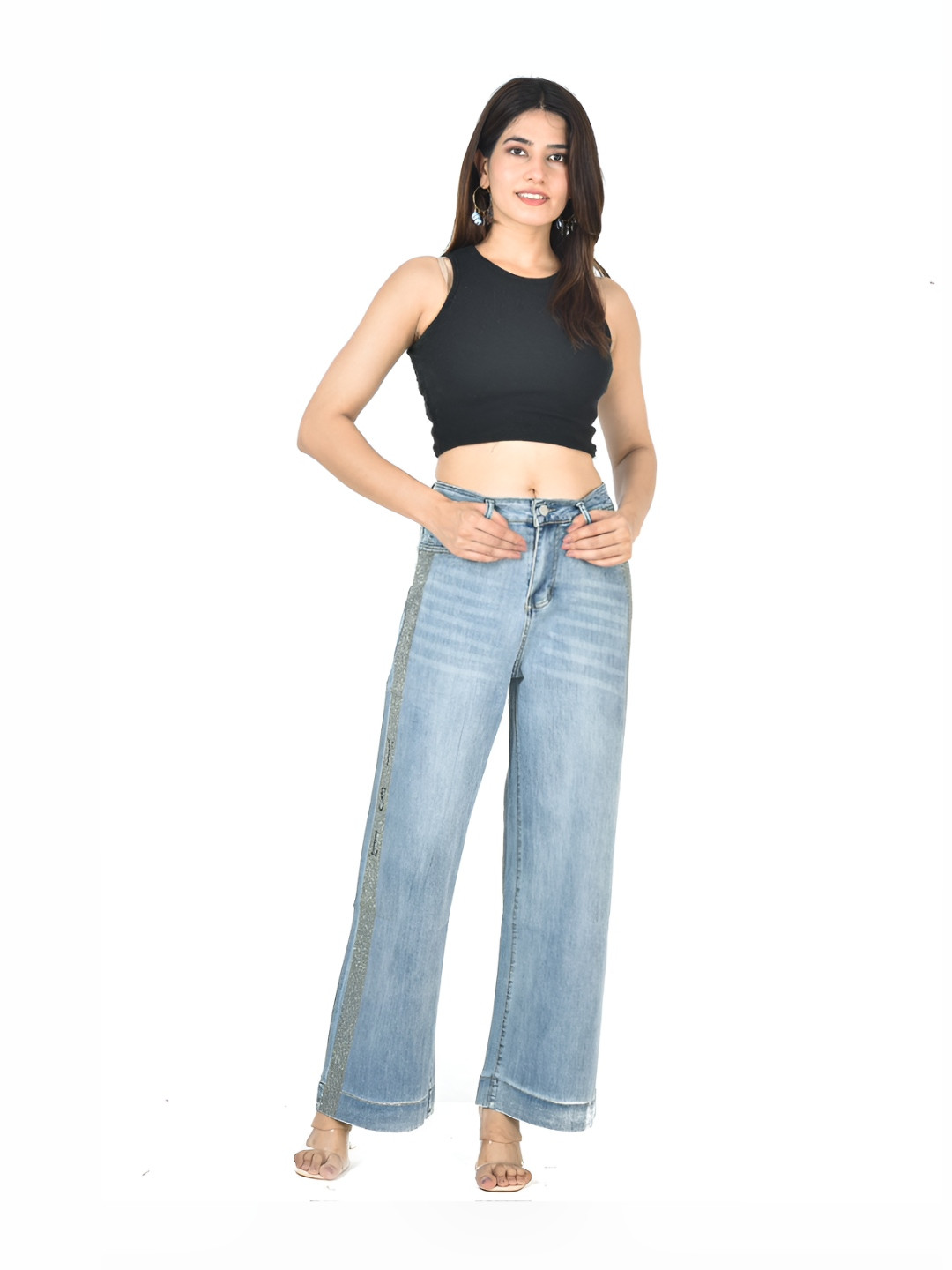 ADC SHEMONA Women Side Stripe Flared Mid-Rise Light Fade Embellished Jeans