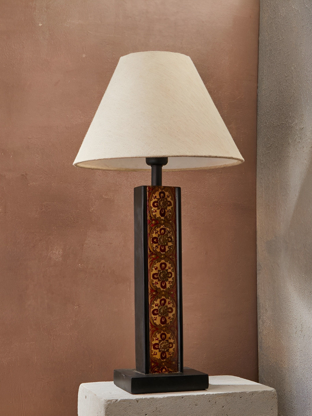Fabindia Zuhuri Brown & Beige Textured Wooden Rectangle Table Lamp