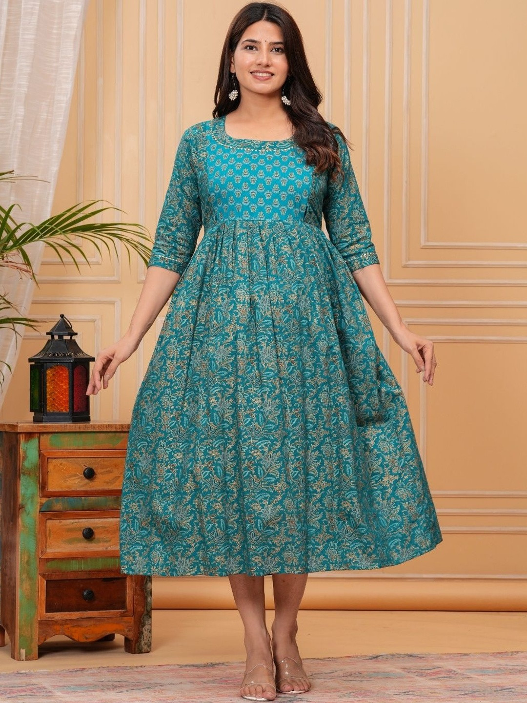 Style Heaven Floral Printed Pure Cotton Pleated Anarkali Kurti