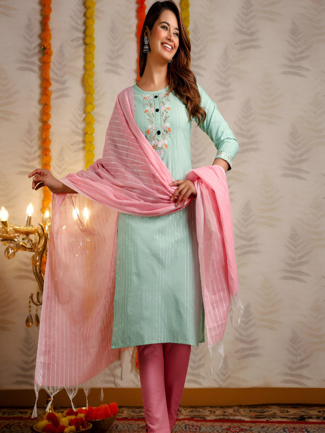 JashnNora Striped Round neck Thread Work Straight Kurta & Trousers With Dupatta
