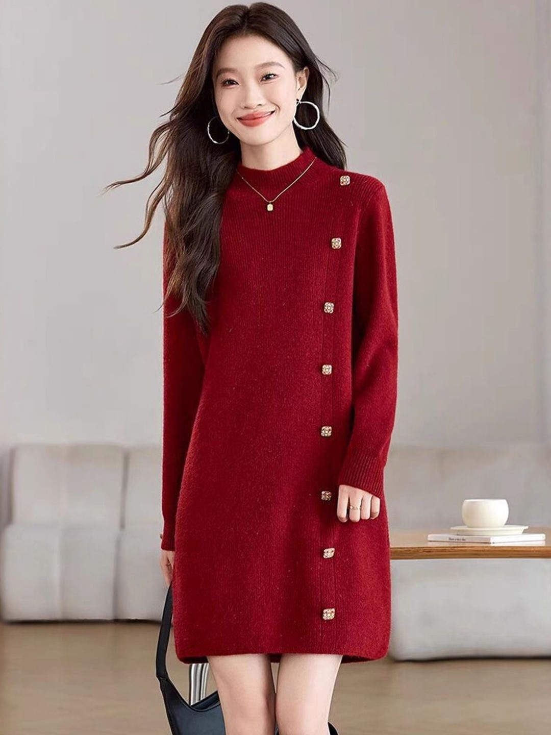 HERE&NOW Women Red High Neck Shift Dress