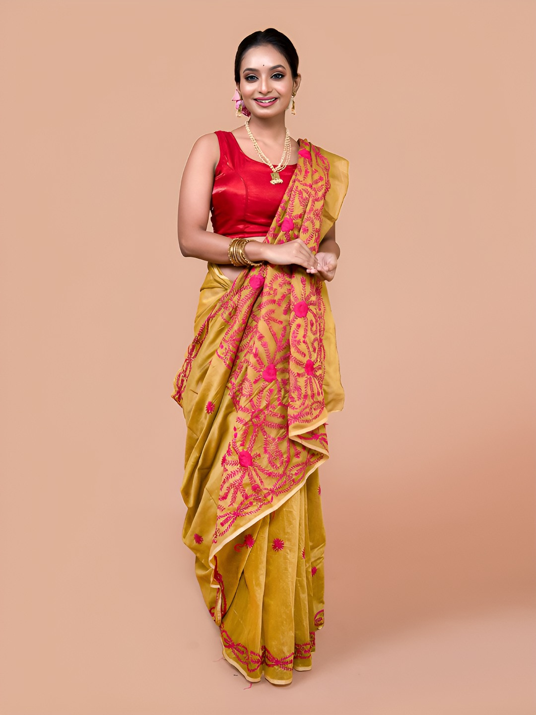 Laa Calcutta Floral Embroidered Kantha Work Chanderi Saree