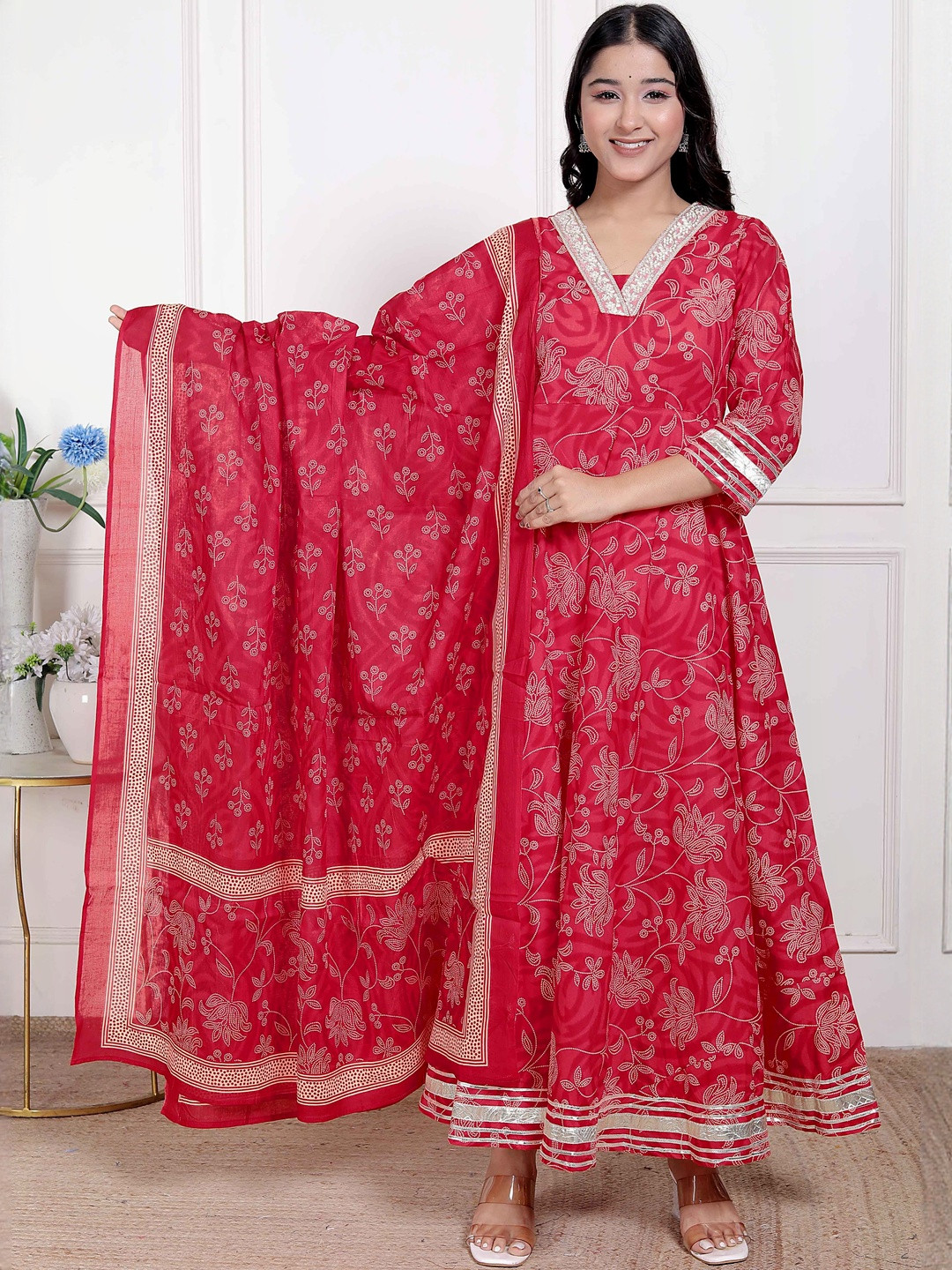 Doriyaan Women red Embroidered Anarkali Kurta and Dupatta
