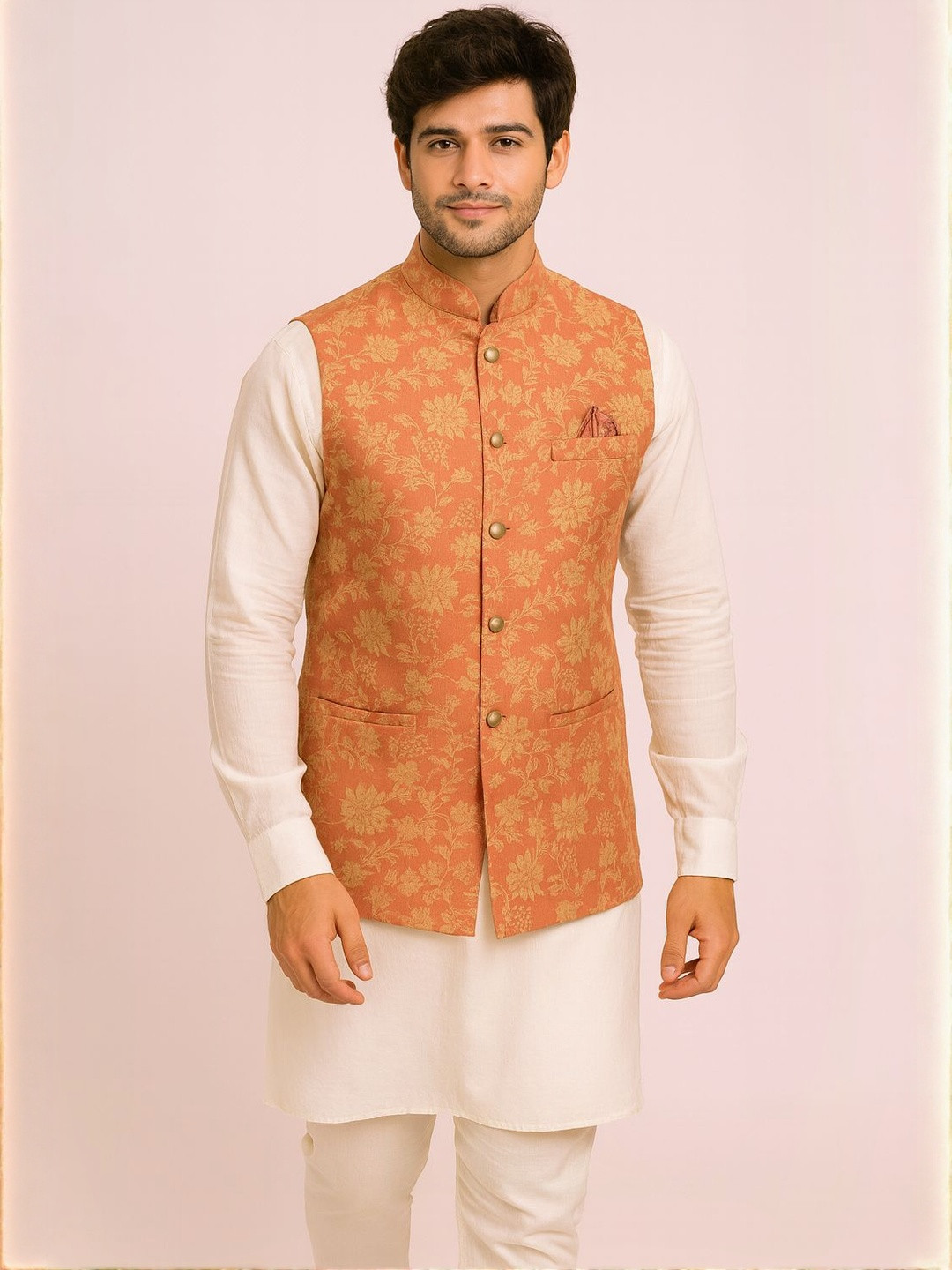SHAHI ACHKAN Men Orange Floral Motifs Jacquard Waistcoat