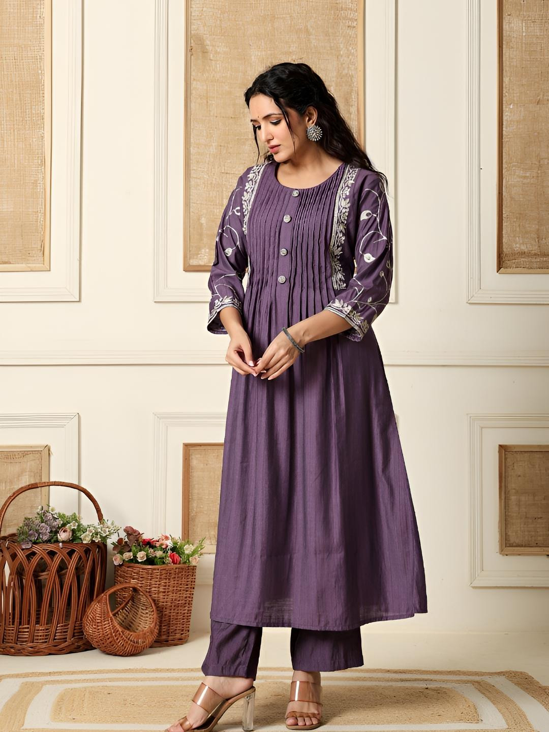 AUTUMN LANE Sumaiya Orchid Floral Embroidered Pleated Thread Work Kurta With Trousers