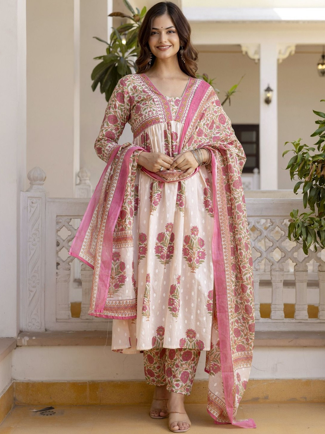 KALINI Women Floral Printed Empire Pure Cotton Kurta with Trousers & With Dupatta