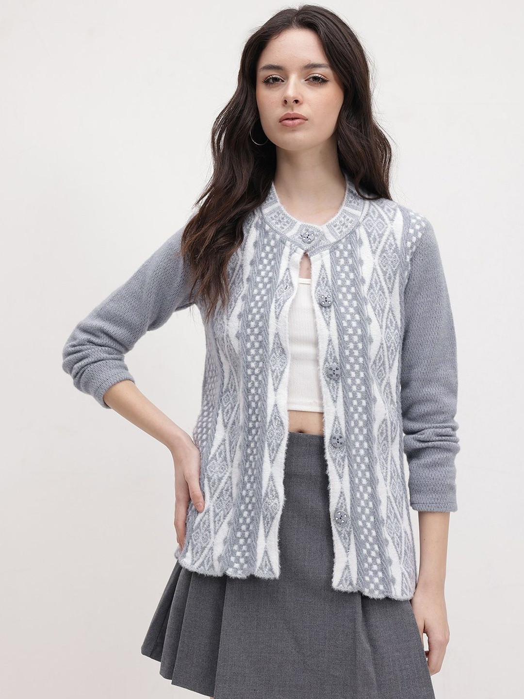 Roadster Women Grey Wool Cardigan Sweaters