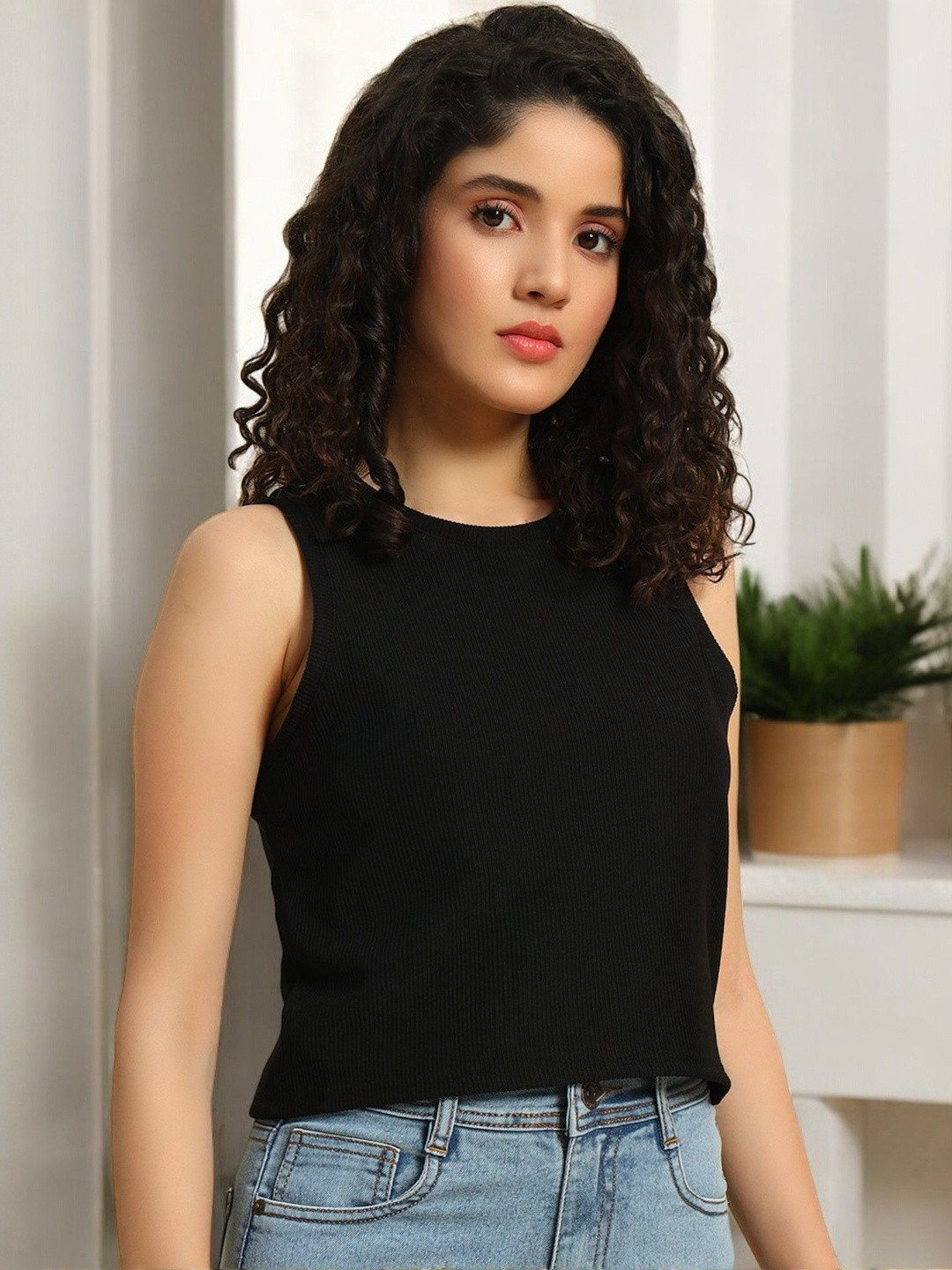 Leewan Women Black Ribbed Crop Tank Top