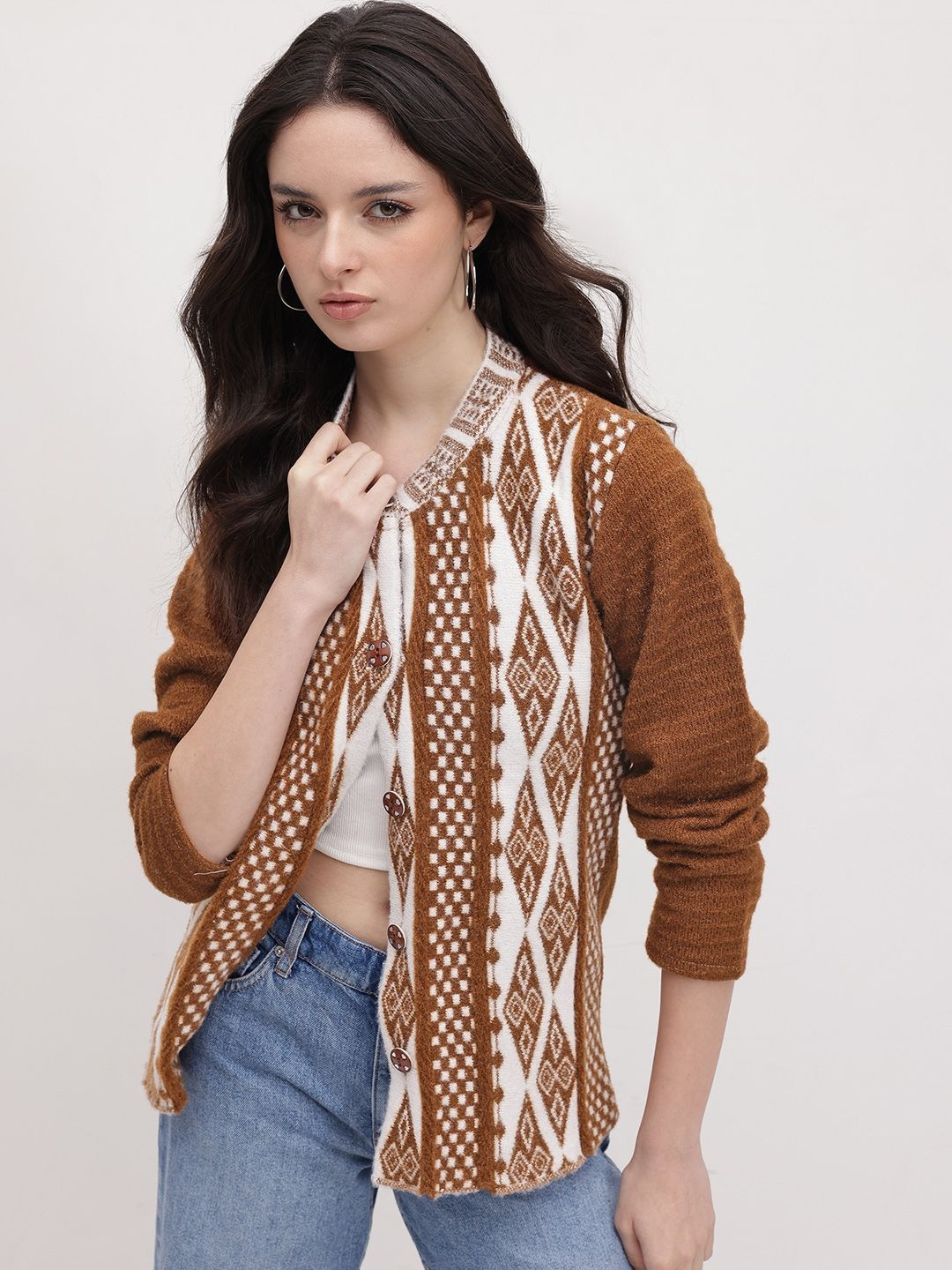 Roadster  Womens Casual Wear Brown Colour Geometric Woolen Cardigan