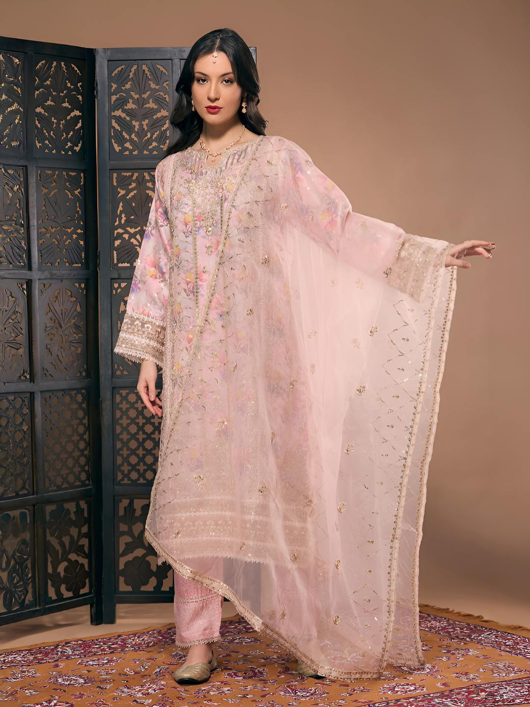 DESIGN ELEMENTS Women Printed Thread Work Kurta with Trousers & Dupatta