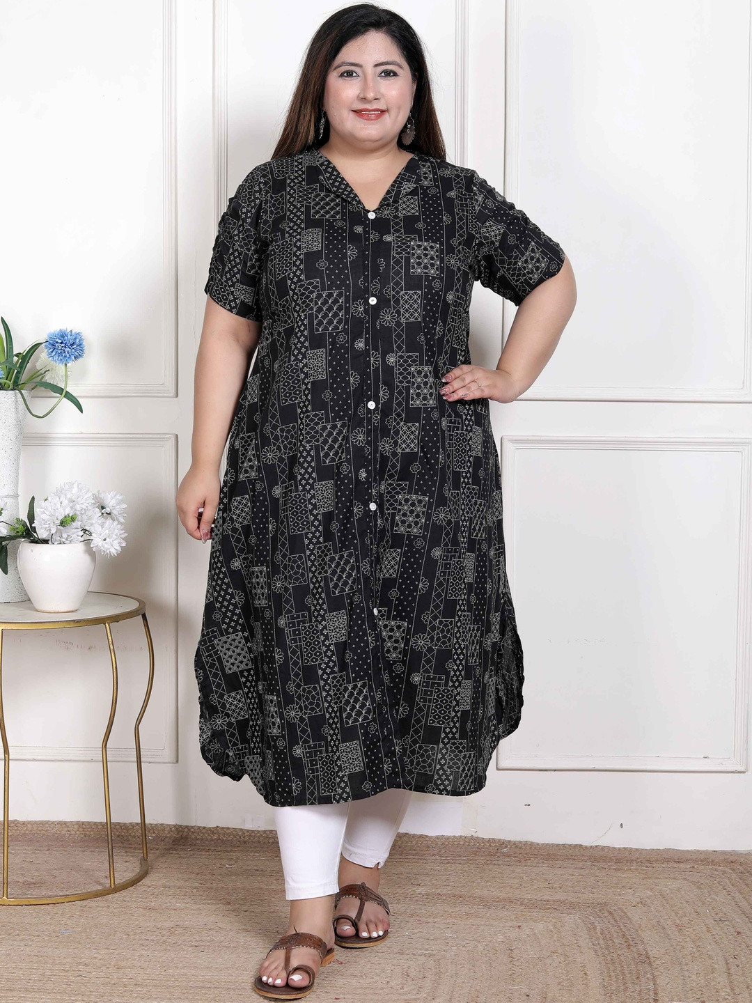 Doriyaan Women Plus Size Black Cotton Floral Print A-Line Kurtas