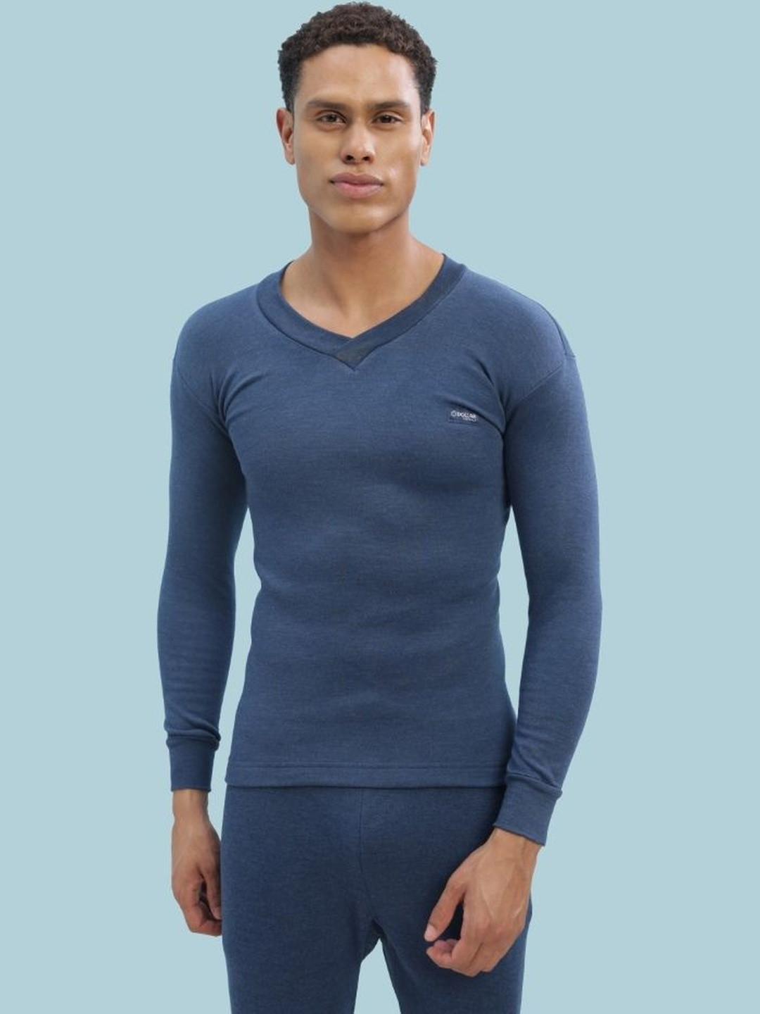 Dollar Men Blue V-Neck Long Sleeves Synthetic Thermal Vest T-Shirt