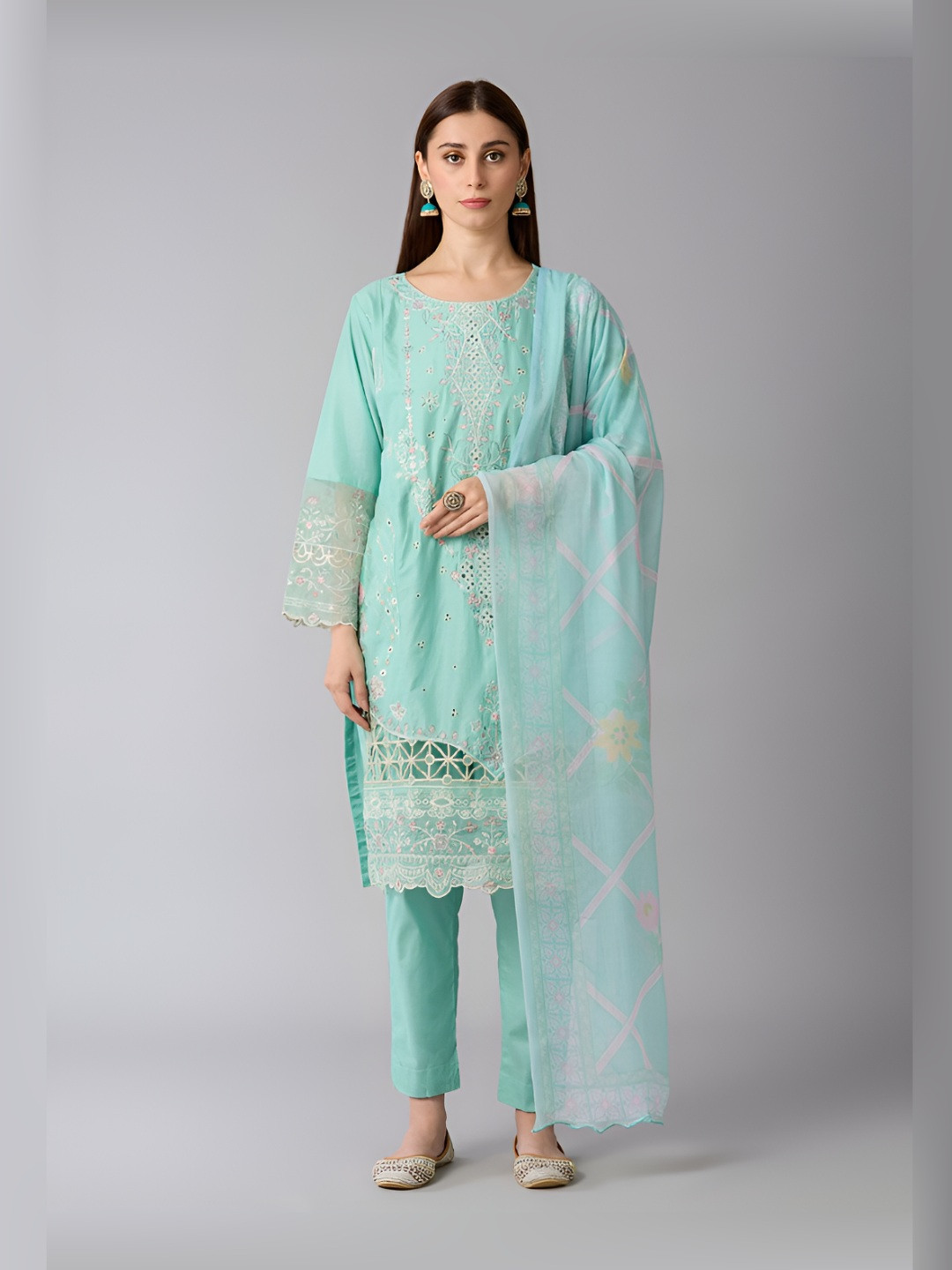 DESIGN ELEMENTS Ethnic Motifs Embroidered Thread Work Pure Cotton Kurta,Trousers & Dupatta