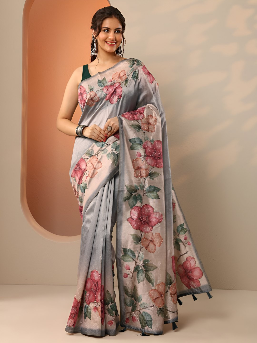 Libas Beads and Stones Saree with a tassel border