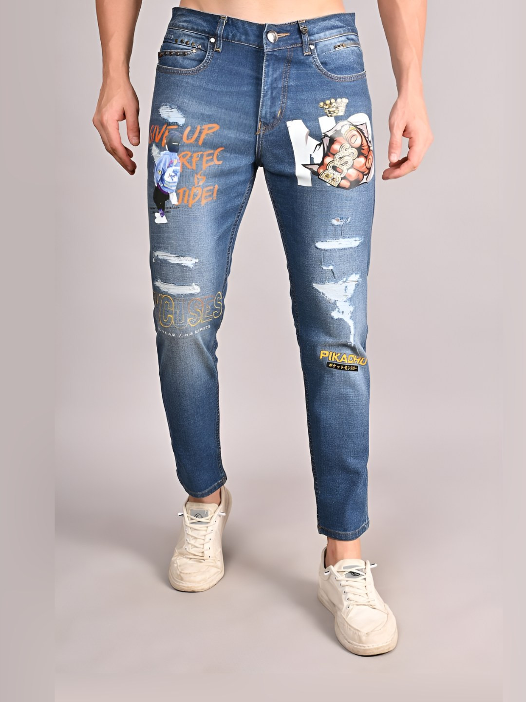 WHITE APPLE JNS Men Slim Fit Mid-Rise Mildly Distressed Light Fade Stretchable Jeans