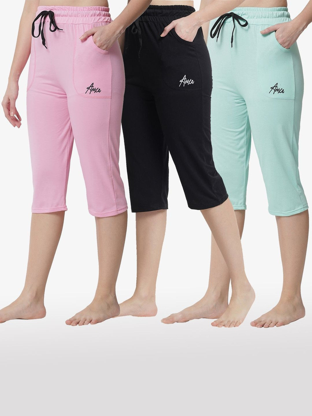 FIT N FAME Women Pack Of 3 Drawstring Cotton Relaxed Fit Mid-Rise Casual Capris