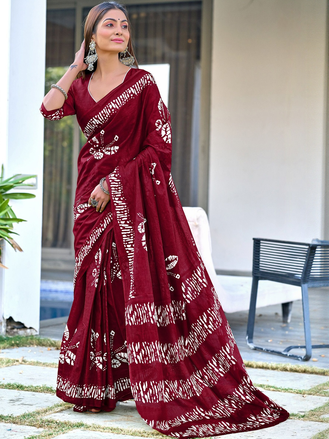 Moda Rapido Women Maroon Pure Cotton Block Print Designer Saree